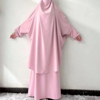 ODIZLI Two Pieces Jilbab and Dress for Muslim Women Long Khimar and Skirt Available for Prayer - color: Pink