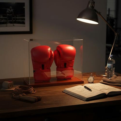Boxing Glove Display Case 2 Glove - No Assembly Acrylic Clear Showcase with Wood Base - 2 Glove Holder - UV Protection Souvenirs and Collectibles Box
