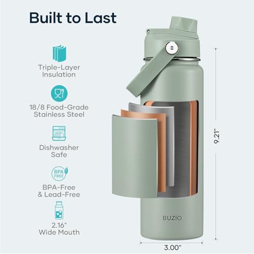 BUZIO 24 oz Water Bottle Insulated, Leakproof Stainless Steel Flask (Cold for 48 Hrs), Wide Mouth BPA-Free Metal Thermo Hydro Canteen with 2 Lids, Sage Green - color: Sage Green, size: 24 Ounces