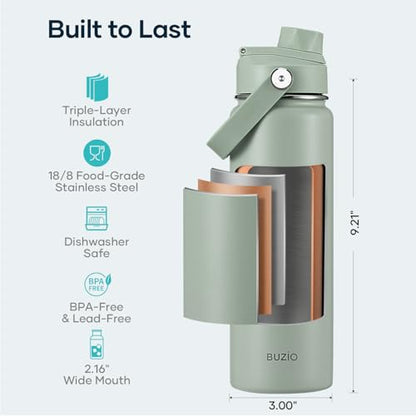 BUZIO 24 oz Water Bottle Insulated, Leakproof Stainless Steel Flask (Cold for 48 Hrs), Wide Mouth BPA-Free Metal Thermo Hydro Canteen with 2 Lids, Sage Green - color: Sage Green, size: 24 Ounces