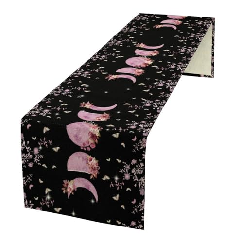 Pink Floral Moon Table Runner, Moon Phase Moonlit Natural Spring Table Runner for Kitchen Holiday Dining Wedding Outdoor 13x36in - color: Moon-9, size: W13''xL36''
