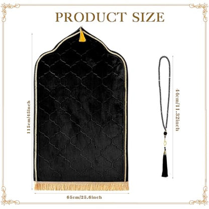 Muslim Prayer Rug with Tasbih Prayer Beads, Extra Thick Padded Non-Slip Islamic Prayer Matt,Turkish Praying Carpet Ottoman Blankets Ramadan Gift for Ramadan, Eid, Hajj, Travel, Pray （Black） - color: Black