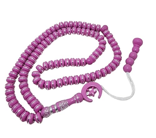 Islam Tasbih 99 비즈 AMN-464 무슬림 기도 디크르 미바하 다채로운 묵주 달 별 장식 태슬 이드 라마단 선물 - color: 핑크