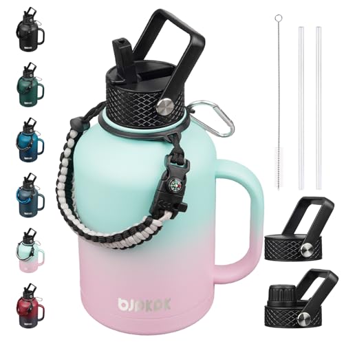 BJPKPK 50oz Insulated Water Bottle with Straw Lid Stainless Steel Water Jug - color: Marshmallow, style: 50oz-Side Handle