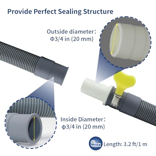 3.2 FT Washing Machine Drain Hose, Flexible Dishwasher Drain Hose Extension Kit, Universal Washer Drain Hose, Corrugated Washer Hose with 1 Adapter, 2 Hose Clamps, 1 U-Bend Hose Holder - size: 3.2 FT
