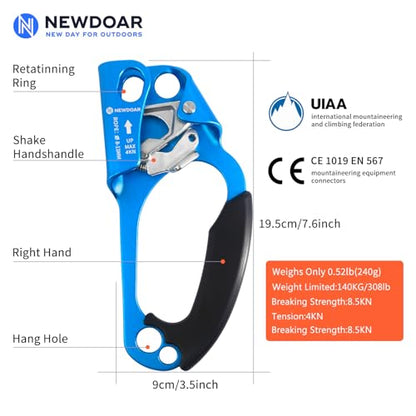 NewDoar UIAA & CE Certified Hand Ascender Rock Climbing Tree Arborist Rappelling Gear Equipment Rope Clamp for 8~13MM Rope - color: Blue-Right