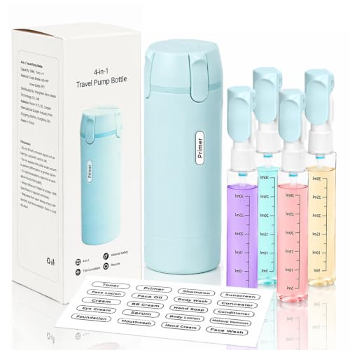 4 in 1 Travel Dispenser Bottle, Leakproof Travel Size Toiletries Holder, Refillable Portable Containers for Shampoo Lotion Conditioner Cream Transparent with Label (Blue) - color: Blue