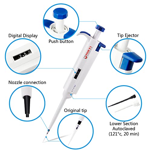 FOUR E'S SCIENTIFIC 0.1-2.5μL Pipette, Adjustable Volume Micropipette | Single-Channel Pipettor, Ergonomic Design, Precise Volume Dial - size: 01 (0.1-2.5uL)