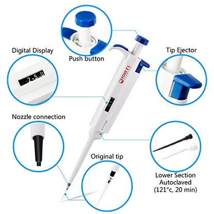 FOUR E'S SCIENTIFIC 0.1-2.5μL Pipette, Adjustable Volume Micropipette | Single-Channel Pipettor, Ergonomic Design, Precise Volume Dial - size: 01 (0.1-2.5uL)