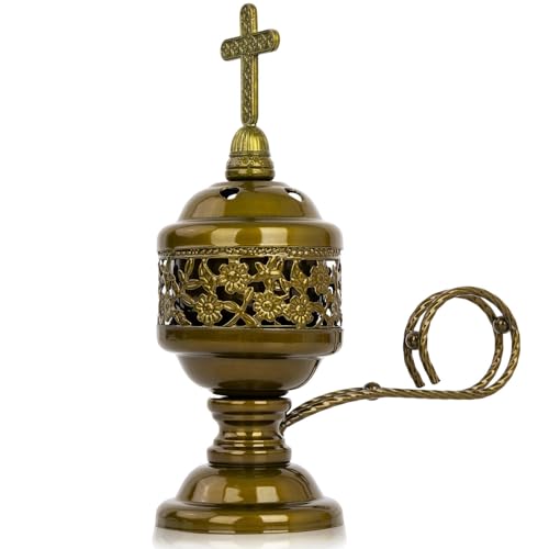 1 PCS Catholic Church Incense Holder with Cross Lid, Home&Altar Incense Burner, Charcoal Censer Incense Burner, Unique Meditation Gift, Frankincense Resin Bakhoor Burner (Bronze) - color: Bronze