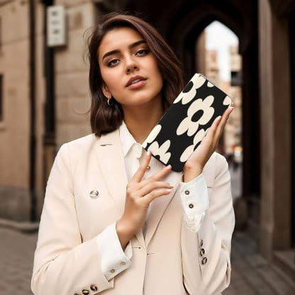 Flower Pattern PU Leather Long Wallet for Women Men, Zipper Clutch Wallet RFID Card Holder Organizer - color: Flower Pattern