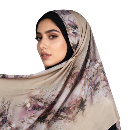 Chiffon Rhinestone Muslim Headscarf - color: Beige Abstract Pattern