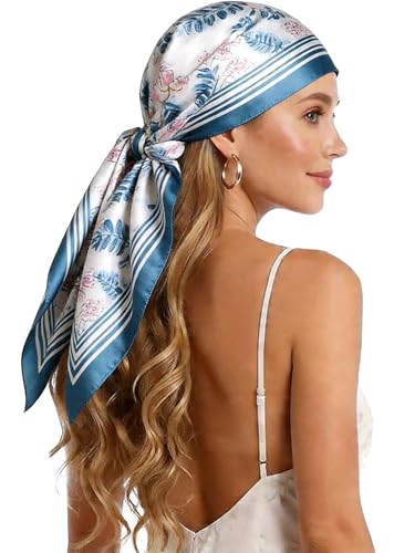 Silk-Feel 35x35 Satin Hair Scarf | Multi-Way Head Wrap for Sleep, Style & Hijab | Gift-Ready Fashion Scarf for Women - color: Blue-flowers