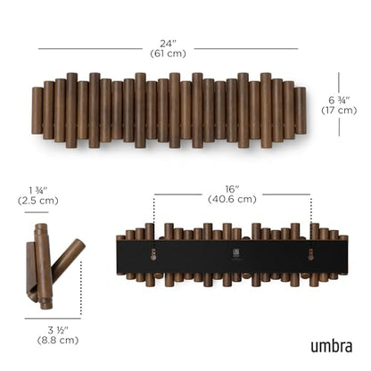 Umbra Picket Coat Rack, Wall Mount 8 Flip-Down Coat Hooks, Walnut | Beveled pine wood dowels, supports up to 5 lbs, mounting hardware included, space saving - color: Walnut, size: 8-Hook