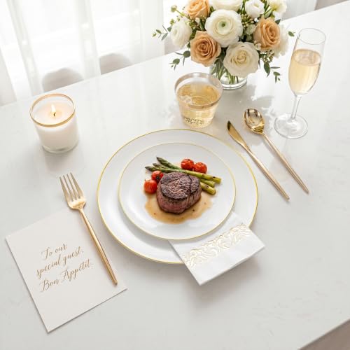 MirthMood 210Pcs Disposable Plastic Plates Set, Gold and White Plastic Party Plates, Includes:30 Dinner Plates, 30 Dessert Dinnerware, 30 Cups, 30 Napkin Cutlery for Spring Wedding,Birthday Party - color: White, size: 210