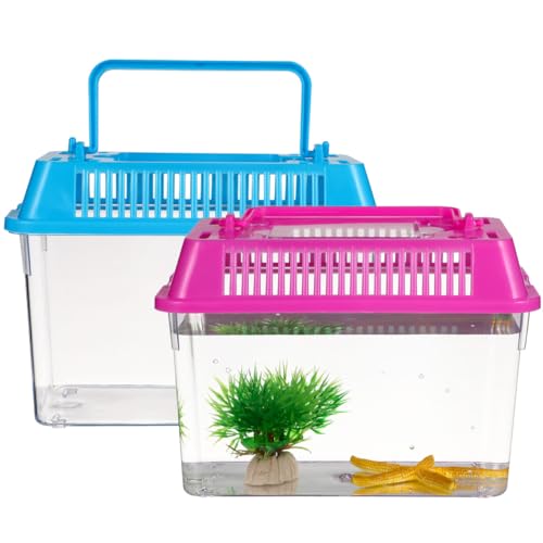 HANABASS Portable Fish Tank Handheld Aquarium with Handle Transparent Plastic Mini Fish Box for Turtle Hamster Pet Breeding Case 5.90 X 4.33 X 3.74 in Set of 4