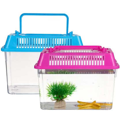 HANABASS Portable Fish Tank Handheld Aquarium with Handle Transparent Plastic Mini Fish Box for Turtle Hamster Pet Breeding Case 5.90 X 4.33 X 3.74 in Set of 4
