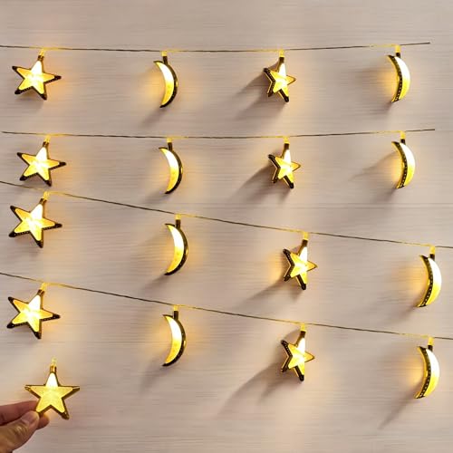 Ramadan Lights Indoor Decor String Lights Ideal for Ramadan Eid Decor Special Occasion Moon Star LED Lights USB Festive Party Safe Cool Lights Decor Party Festival Decorations 20PCS/Set (Gold-WW) - color: Gold-WW
