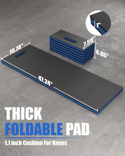 Folding Kneeling Pad, 1 Inch Thick Compact Mechanic Mat, Blue | 47.24 x 15.74 Inch 6-Panel Firm Foam Pad with Tool Pockets, Carry Handle and Water-Resistant Textured Surface - color: Blue