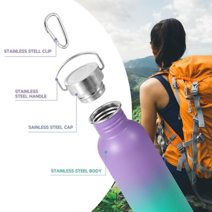 Volhoply 26oz Uninsulated Single Walled Water Bottle, Stainless Steel Reusable Water Bottles with Handle & Carabiner, BPA Free Wide Mouth Water Bottles for Gym Sports Camping（Purple Green,1） - color: Purple Green