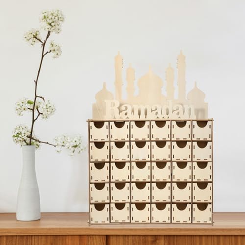 Luxshiny Wooden Advent Calendar Eid Mubarak Ramadan Table Decor Unique Home Craft for Festive Countdown for
