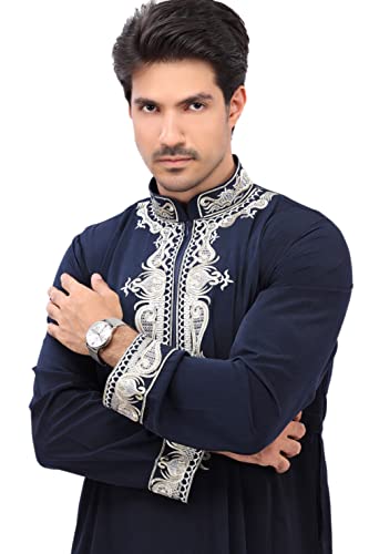Men's Thoub Arabic thoub Long Sleeve Arab Thobe Embroidery Dress Full Length for Eid & Weddings - color: Navy Blue, size: 58