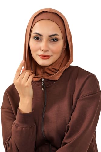 Aisha's Design Full Coverage%95 Cotton Bonnet for Women, Ready-to-Wear Hijab Bonnet Headscarf with Neck Coverage - color: Caramel Brown