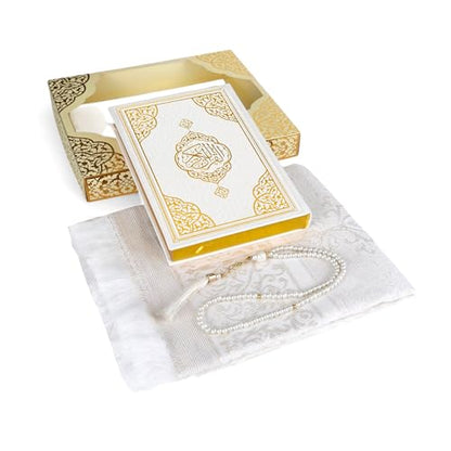 FURKAN Thermo Leather Quran Beige with Prayer Rug and Prayer Beads, Zuhre Gift Box - Cream - color: Beige