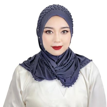 Suillty Women's Pearls Muslim Islam Instant Hijab Scarf Soft Turkish Headwear Jersey Headscarf Shawl Wrap - color: Light Purple
