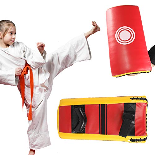 Taekwondo Block Target, Kickboxing Training Equipment, Curved Kick Pad with High - Density Sponge and PU Leather for Adults and Kids, Ergonomic Hand Guard for Martial - color: Red Yellow