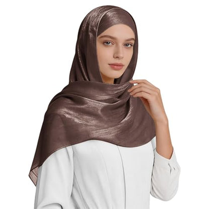 Premium Hijab Head Scarf for Women Lightweight Shimmer Hijab Head Wrap Scarves Crepe Satin Scarf Shawl Wrap - color: Dark Brown