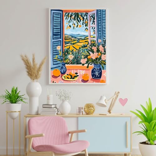 창문 뷰 숫자로 페인트 꽃 유화 성인용 초보자용 꽃 DIY 페인팅 브러시 포함 캔버스 페인팅 아크릴 물감 선물 홈 데코에 적합 40.6 x 50.8cm(16 x 20인치) (프레임 없음) - color: 아트워크 01, size: 16''x20''(without frame)
