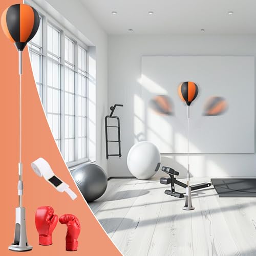 Boxing Reflex Bag with Spring Base, 50-59in Height Adjustable Reaction Training Ball for Home Gym, Includes Gloves & Bandage for Martial Arts Fitness Teens Adults - size: 130-150cm