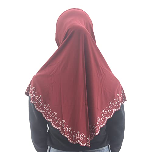 Instant Hijab Scarf for Women Muslim Women Clothing Headscarf for Girls with Czech Rhinestone - color: Wine Red-wavy Edge