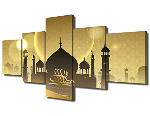 Mecca Canvas Wall Art Prints Painting Brahmanism Om Symbol Modern Islamic Religion Artwork 5 Panels/Set Framed Bathroom Pictures Ready to Hang for Living Room Decorations(50" W x 24" H) - color: Artwork-08, size: 50 in x 24 in (W x H)