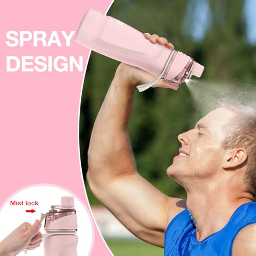 Misting Water Bottle, 24oz Insulated Water Bottle, 2-in-1 Mist & Sip Stainless Steel Water Bottles, Sports Water Bottle for Hiking, Running, Gym - color: Light Pink