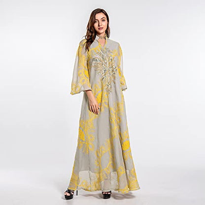 OBEEII Abayas for Women Muslim Applique Embroidery Long Sleeve Maxi Dress Loose Full Cover Islamic Dubai Robe Kaftan Abayas - color: Yellow, size: XX-Large