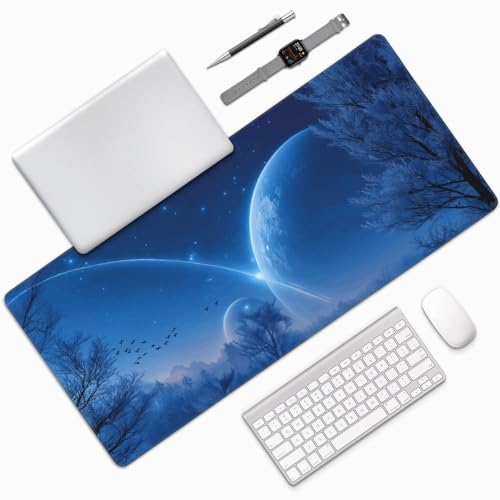 XXL Gaming Mouse Pad 35.4x15.7 Inch, Large Extended Desk Mat | Mousepad with Blue Meteor Design, Non-Slip Rubber Base, Water-Resistant Surface and Stitched Edges for Gaming, Office & Home - color: Blue Meteor