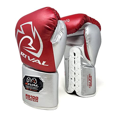 RIVAL Boxing RS100 Professional Lace-Up Sparring Gloves, Handcrafted with Super-Rich Microfiber PU, Ergonomically Designed to Perfectly Fit Your Hand - color: Red/Silver, size: 18 oz.