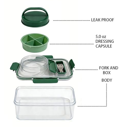 Salad Jar, Portable Salad Container with Leakproof 4 Sauce Cups and Utensil Storage for Lunch Picnic Family Gatherings (Rectangle)