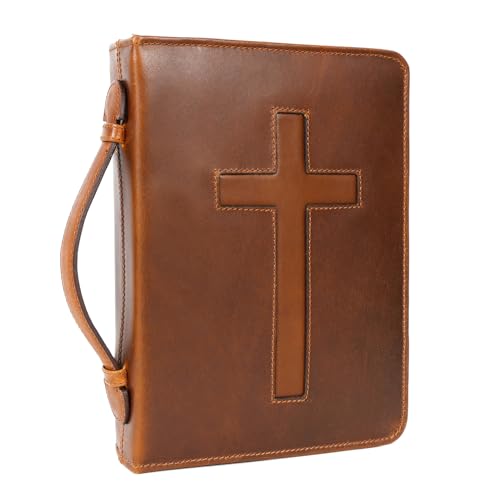 ELIZO Leather Bible Cover Case for Men Women Genuine Leather Bible Bag Holder Cross Large Carrying with Zipper Case Protector Christian Religious Gifts for Mens (Cognac/Tan, Study/Large) - color: Cognac & Tan, size: Large