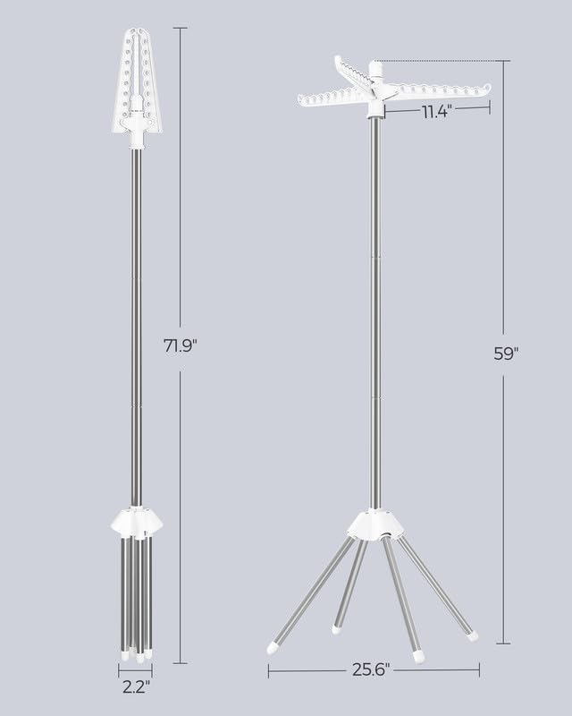 SONGMICS 의류 건조대, 149.9cm(59인치) 접이식 세탁 건조대, 행거용 회전 가능한 팔 3개, 다리 4개, 스테인리스 스틸, 옷 27피스용, 화이트 및 실버 ULLR510W01 - color: 화이트 + 실버, style: 1단
