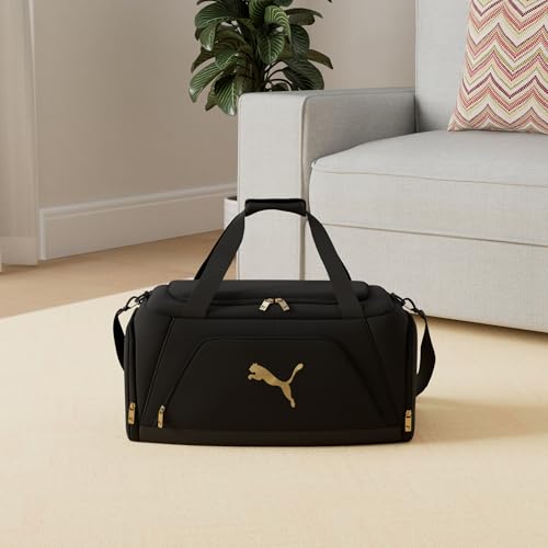 PUMA Accelerator Duffel Bag with Removable Strap & Shoe Pocket - color: Black/Gold