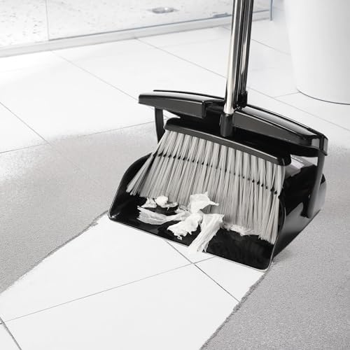 Broom and Dustpan Set 52-in Long Adjustable Handle Broom Dustpan Combo | Upright Dustpan with Teeth to Automatically Clean Hair, Dust Pan with Lid, Suitable for Home Kitchen Office Hall Floor