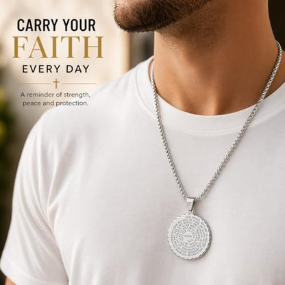 Steeltime Stainless Steel Lords Prayer Necklace with Simulated Diamonds - color: Silver, style: Round Pendant