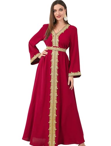 FYMNSI Women Muslim Abaya Dress Islamic Dubai Modest Lace Belted Dress Abayas Kaftan Eid Prayer Clothes Arabian Maxi Robe - color: Red, size: Large