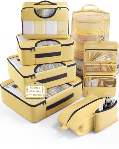 Veken 8 Set Packing Cubes for Travel Essentials,Anti-Wrinkle Buckled Suitcase Organizer for Shoe & Toiletry Bag,Carry On Luggage Bag with 99+ Count Mesh Holes for Airplane & College Dorm Accessories - color: 20 Yellow