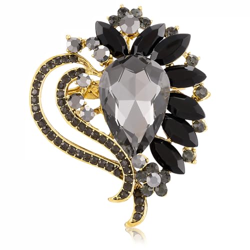 LAXPICOL Vintage Austrian Crystal Elegant Heart Flower Brooch Pin For Women Wedding Broach Pin - color: black