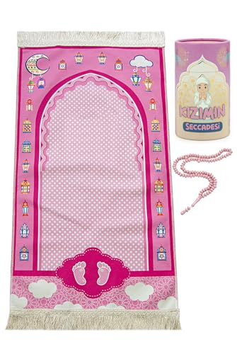 Ihvan Online Kids Prayer Mat, Muslim Prayer Rug, Islamic Gifts - Soft Salah Mat Carpet for Kids, Travel Praying Rug, Patterned Pink - color: Patterned Pink