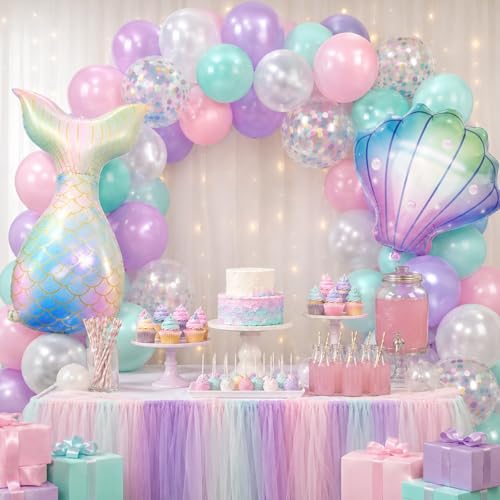 Mermaid Balloons, 12 Inch Pink Purple Balloons with Seashell Foil Balloons - color: Pink, size: 30PC